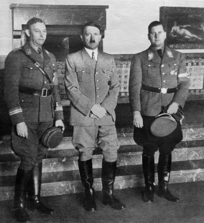 Adolf Hitler with SA leader Viktor Lutze and Hitlerjugend leader Baldur von Schirach in the Berghof great hall